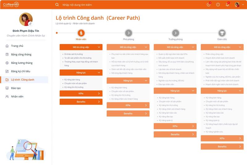 Giao diện CareerPath trên phần mềm CoffeeHR
